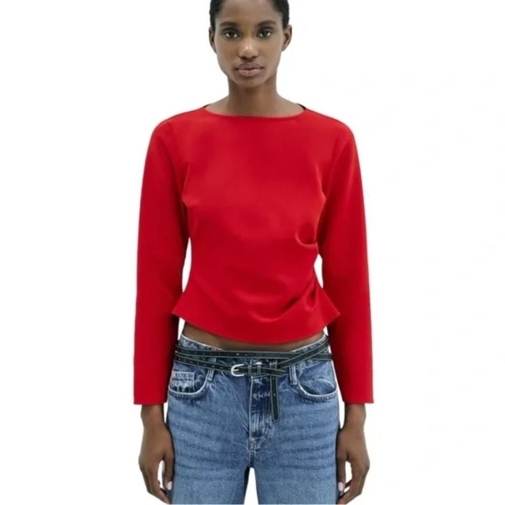 Zara Side Pleated Long Sleeve Red Top Blouse Size Medium